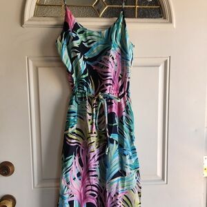 RORY BECA Tropical Leaf Print Midi Dress Blue Green Pink Silk Blend Size XS Slit